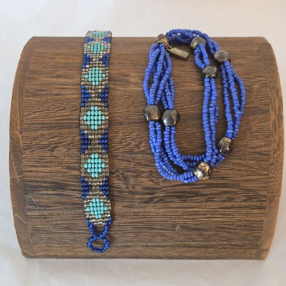 2 Boho Seed Bead Bracelets Cobalt Blue Turquoise Colors - Picture 1 of 11
